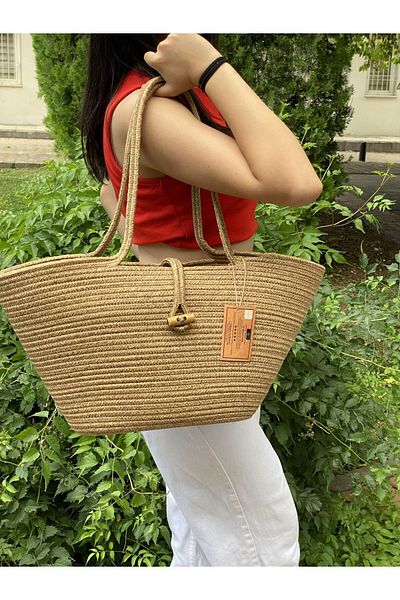 BDZ DERİ Jute Straw Looking Handbag Beach Bag Shoulder Bag