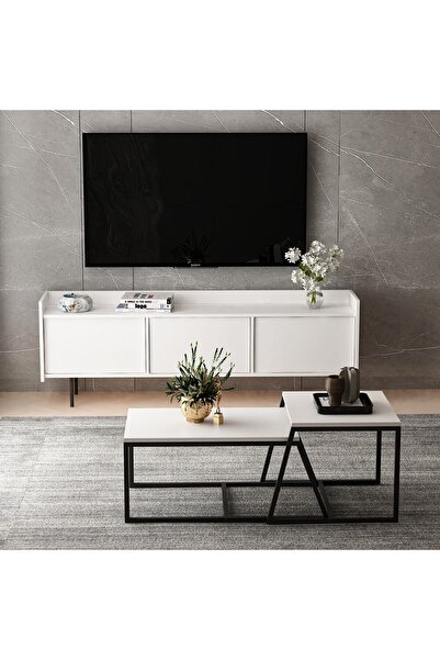 İNARCH DİZAYN Atlas Tv Ünitesi - Minimal 2'li Orta Sehpa Beyaz Takım