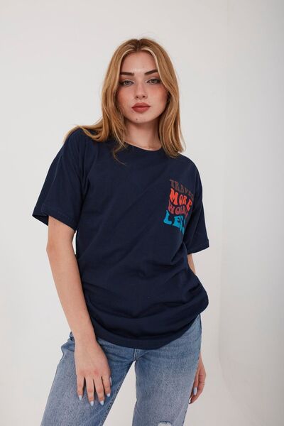 Mad&Calf Γυναικείο μπλουζάκι με στάμπα Navy Blue Travel Oversize