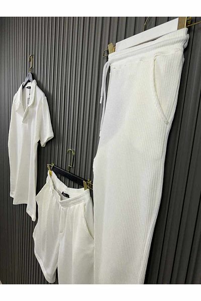 NO 601 Men's Ecru Striped Loose Fabric - Comfortable Loose Fit 3-Piece Set T-Shirt Shorts Trousers
