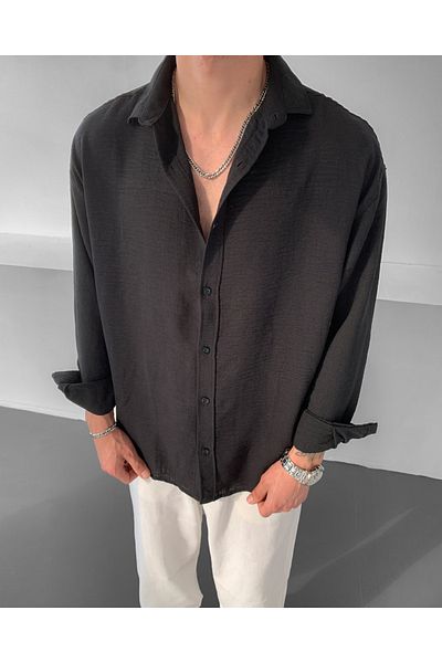 NO1 KONSEPT Cămașă oversize cu mânecă lungă din in negru
