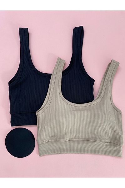 LEYNA BUTİK Women's 2 Pieces Ribbed Fabric Blouse with Thick Straps and Removable Pads - Half Undershirt (Stone Grey-Black)
