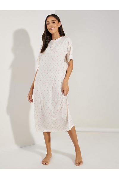 Styli Heart & Spot Print Button Front Drop Shoulder Sleep T-Shirt Dress