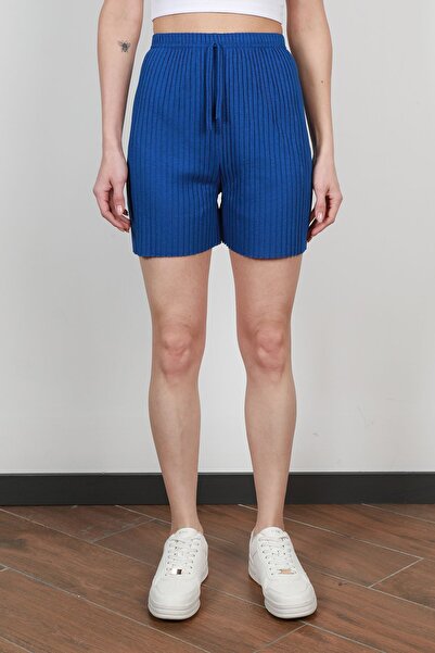 GİYSA Saks Fitilli Kaşkorse Süs Kuşaklı Kadın Şort Pijama Altı - 6131