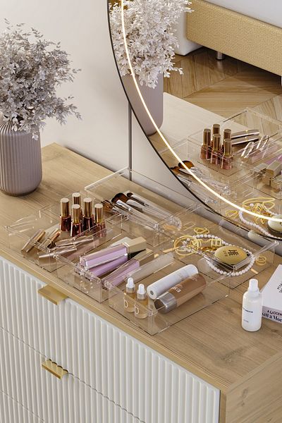 Pufwin Home 5 Pieces Transparent Makeup Cosmetic Organizer - Drawer and Cabinet Set