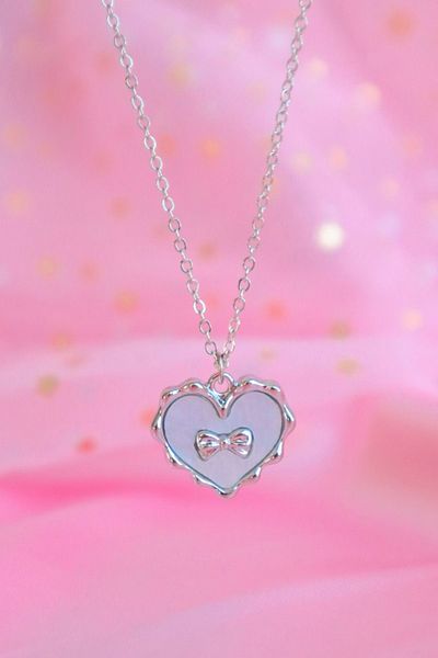 EFBUTİK Blue Heart Bow Silver Chain Imported Necklace
