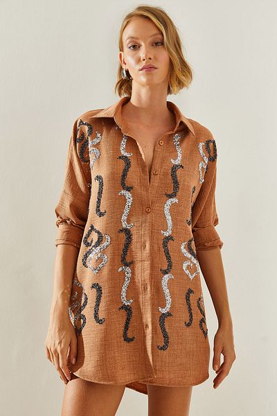 Bianco Lucci Koszula damska oversize z haftem Stone Detailed - 60251032