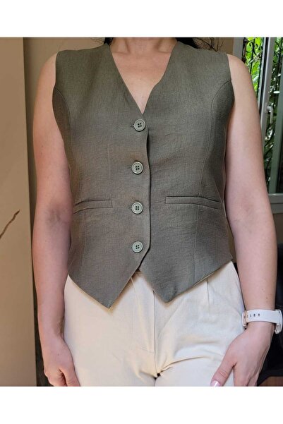 NEVEGE BUTİK Khaki2 V-Neck - Stylish Ayrobin Linen Women's Vest