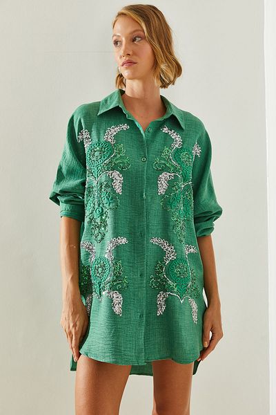 Bianco Lucci Patterned Embroidered Sequined Oversize Women's Shirt - 5932 60251476