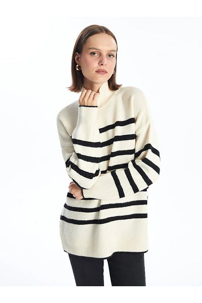 LC Waikiki LCW Vision - Striped Long Sleeve Oversize Women's Knitwear Sweater, Half Turtleneck