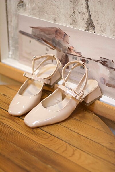 Minaj Store Mary Jane Nude Patent Leather Ankle Short Heeled Women's Heeled Shoes