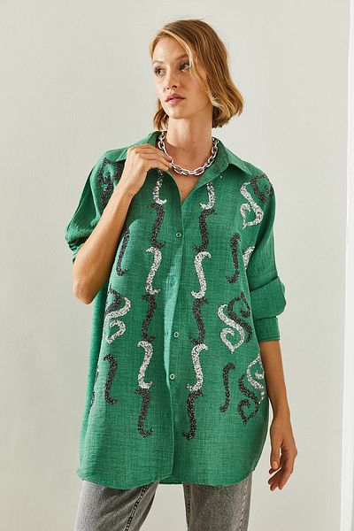 Bianco Lucci Stone Detailed Embroidered Women's Oversize Shirt - 60251032