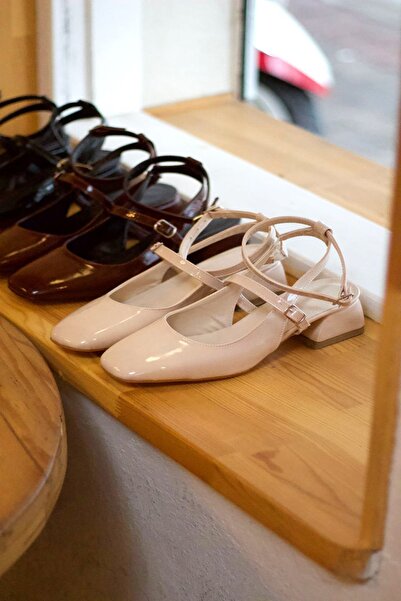 Minaj Store Mary Jane Nude Patent Leather Ankle Short Heeled Women's Heeled Shoes