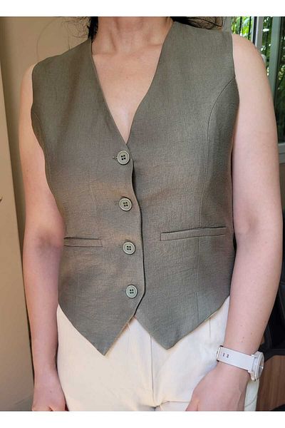 NEVEGE BUTİK Khaki2 V-Neck - Stylish Ayrobin Linen Women's Vest