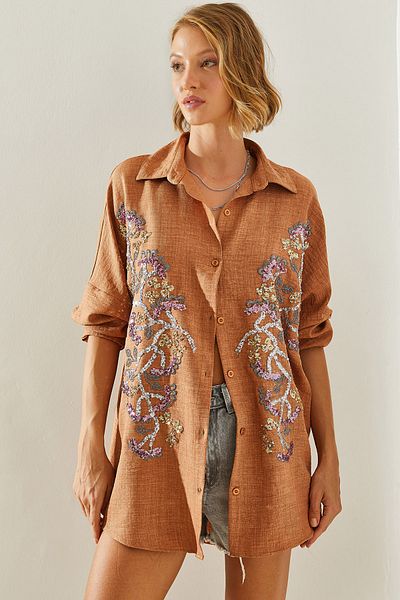 Bianco Lucci Stone Embroidered Flower Patterned Oversize Women's Shirt - 5946 60251478