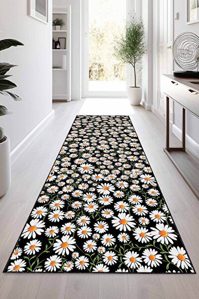 Viva Home Kaymaz Tabanlı Papatyalı Halı Kesme Rulo Yolluk VH099