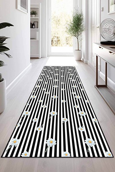 Viva Home Kaymaz Tabanlı Papatyalı Kesme Rulo Yolluk Halı VH100