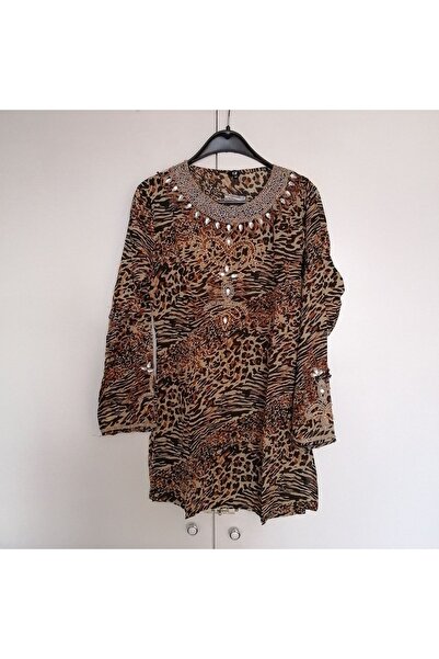 Butik Tülin Otantik tülbent bej siyah leopar desenli yoğun ahşap boncuk el iş...