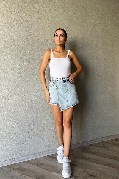 Seda Yalçın Atelier Fusta albastră din denim scurt - Spălat cu zăpadă