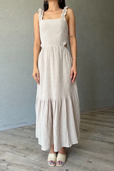 Seda Yalçın Atelier Ruffled Beige Patterned Tie-Up Dress