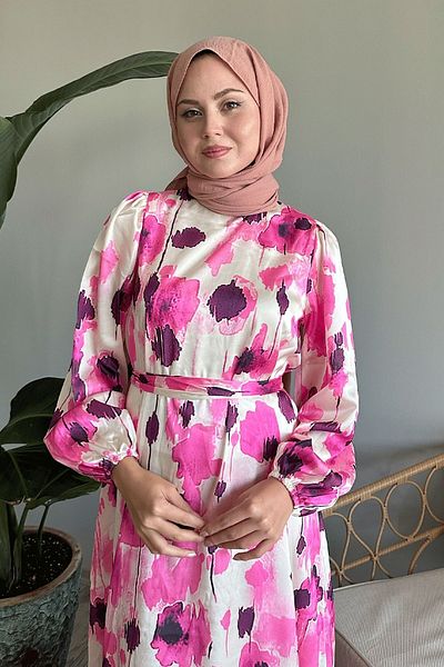 InStyle Fuchsia Satin Dress - Floral and Belted