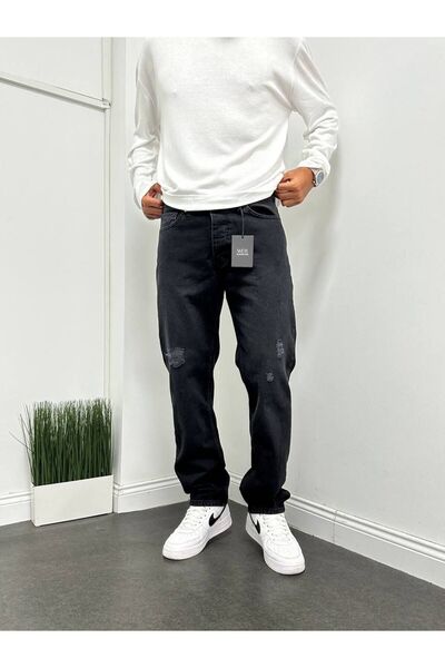 BDRMAN Baggy Siyah Renk Eskitme Yırtık Detaylı Kot Pantolon