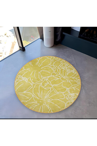 Rugs Modern Halı سجادة ميرا دائرية صفراء خطية مزخرفة بقاعدة منسوجة وديكور حدي...