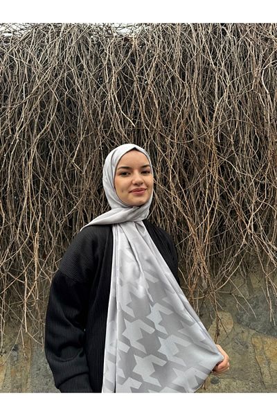 shalby Hijab Silky Cotton Jacquard Large Houndstooth Patterned Shawl Silver