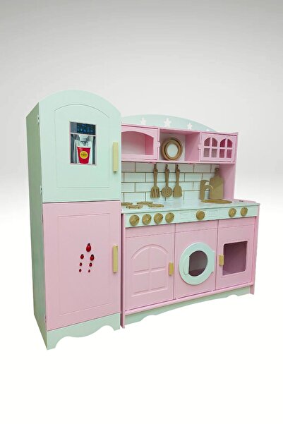 hedefixtoys Aydınlatma Hediyeli Eğlenceli Ahşap Oyuncak Mutfak ve Buzdolabı