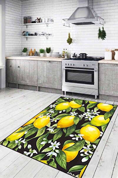 Viva Home Kaymaz Tabanlı Yıkanabilir Limonlu Mutfak Halısı Yolluk VH109