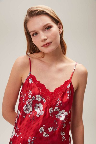 Rubina Secret Satin Rope Strap Nightdress and Tunic - Floral Pattern, Lace Detailed Low-cut, Elegant Appearance