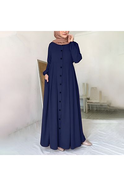 Barbora Navy Blue Linen Hijab Summer Dress - Ln391