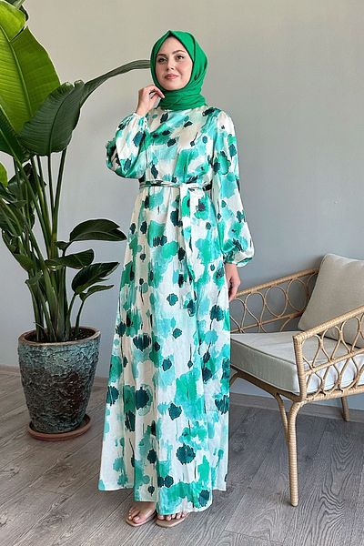 InStyle Green Satin Dress - Floral and Belted