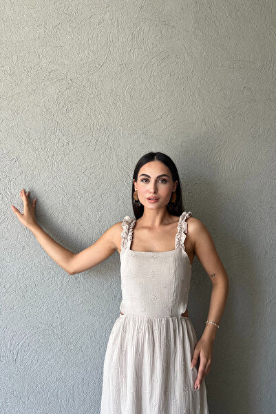 Seda Yalçın Atelier Ruffled Beige Patterned Tie-Up Dress