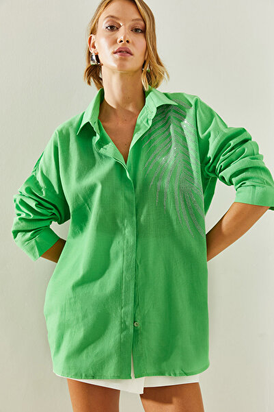 Bianco Lucci Oversize γυναικείο πουκάμισο - πέτρινο λεπτομερές, μοντέλο 5906 60251485