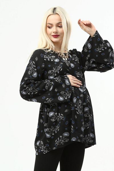 LadyMina Pijama Pregnant and Maternity Blue Floral Patterned Black Shirt