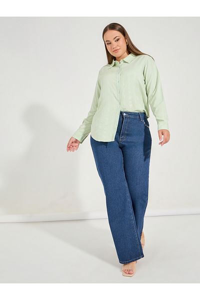 Styli Plus Size Solid Cotton Cuffed Sleeve Button Down Shirt