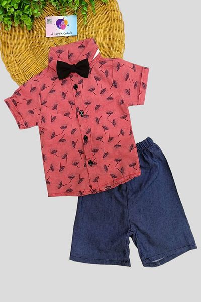 dinamik çocuk Boy's Blowing Flower Patterned Shirt Bow Tie Shorts 3-Piece Set Summer