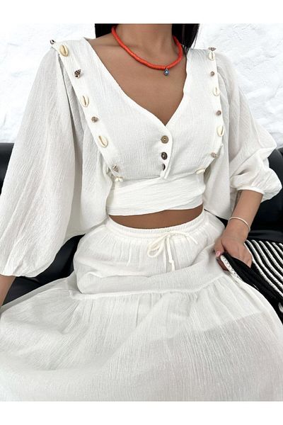 BRGCLOTHING Set crop din in - mânecă cu balon, nasturi scoici, bluză cu fustă largi