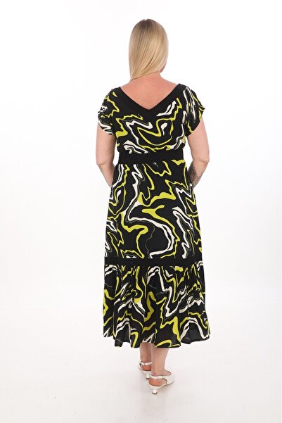 etselements X MODAPO - Colorful Viscose Women's Dress with Belted Rose Accessories