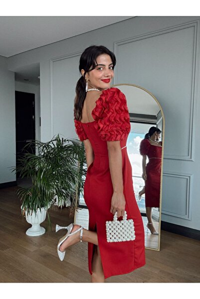 GİZONLY fırfırlı inci detaylı elbise