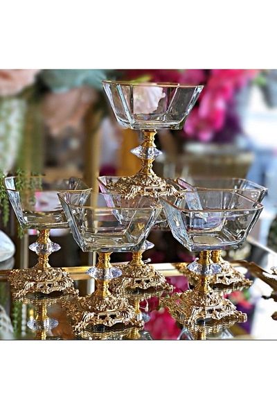 ART GLASS Metal Leg Glass Dessert Ice Cream Snack Bowl Gold Set of 6
