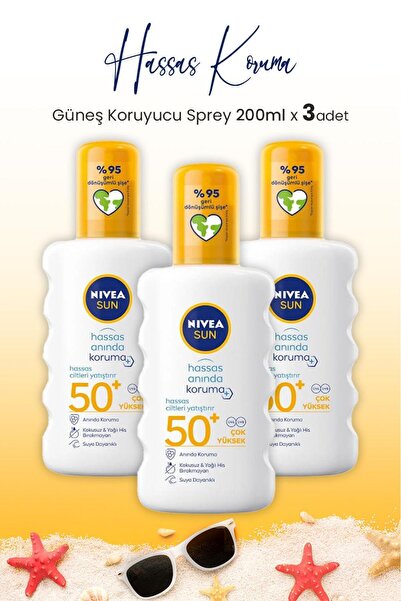 NIVEA Sun Güneş Koruyucu Sprey Hassas Koruma SPF50+ 200 ml x 3 Adet