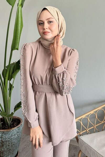 InStyle Kolu İnci Beli Büzgülü Bej Takım