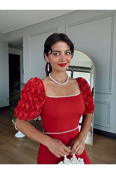 GİZONLY fırfırlı inci detaylı elbise