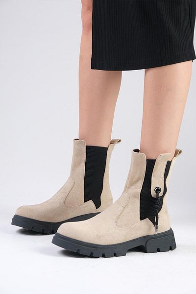 Mio Gusto Hera Beige Elastic Thick Soled Women's Boots