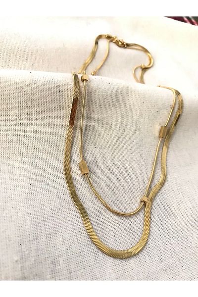 MagMan VİP Product New Model - Double Steel Necklace with Snake Chain and Cube Detail