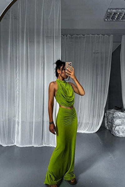 Gülşah Evecen Special Design Safety Yellow Front Gathered Pencil Skirt