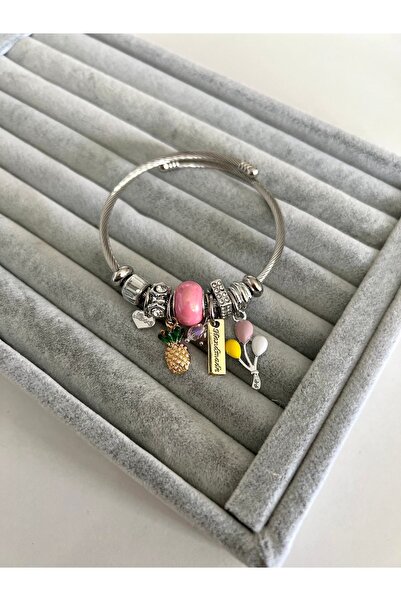 SU PERİSİ TAKI BİJUTERİ الصلب الفضة الوردي مطرز بالون والأناناس نموذج سوار