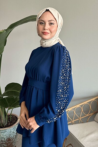 InStyle Kolu İnci Beli Büzgülü İndigo Takım